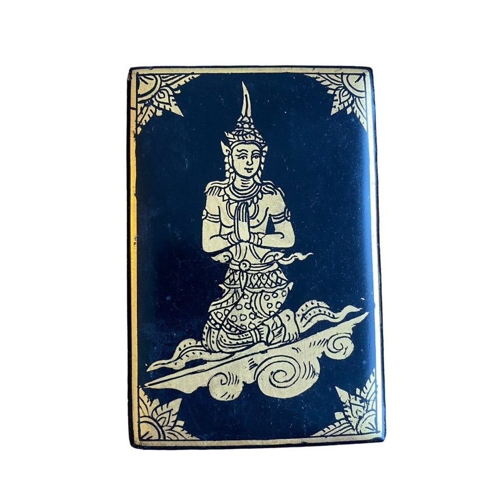 Vintage Black Lacquer Decorative Box w/ Gilt Design Balinese Dancer 4.5"x3"x1.5"